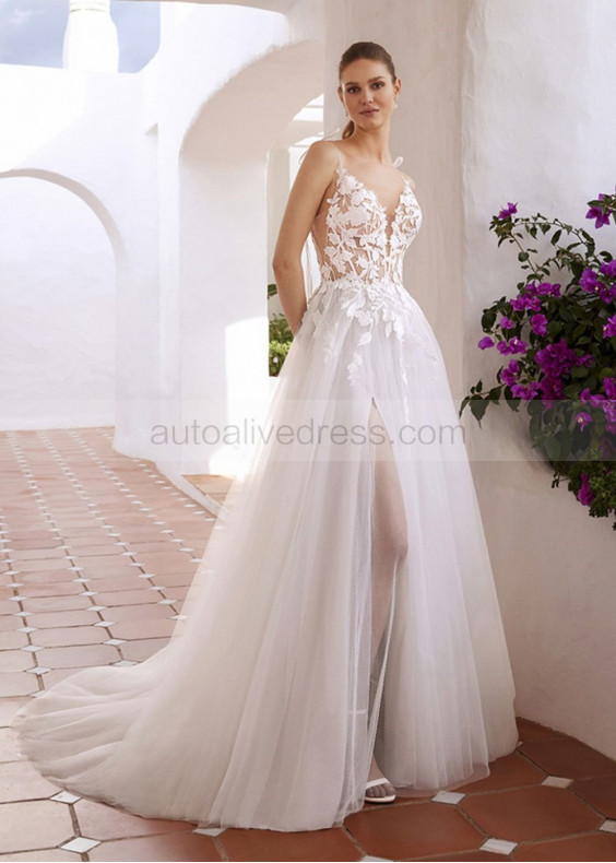 Ivory Lace Tulle V Back Hidden Slit Sexy Wedding Dress